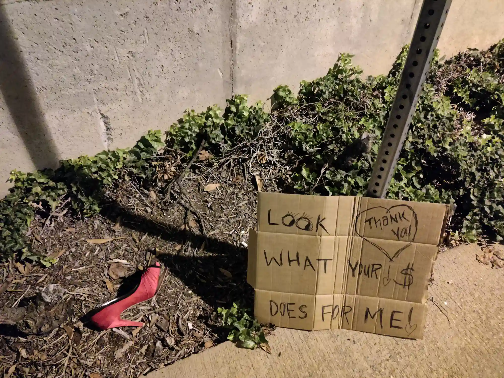 high heel next a sign that says look what your $ does for me!